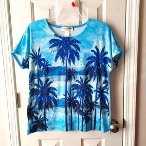 Cathy Daniels - Palm Trees Beach Blue Shirt w/ Sequins Tropical Print